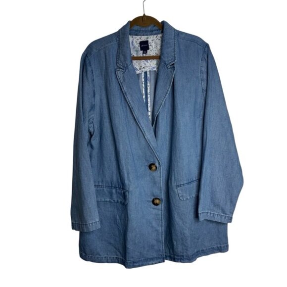 J. Jill Denim Women’s 2X Light Blue Denim Blazer Jacket Button Front Pockets - Picture 1 of 13